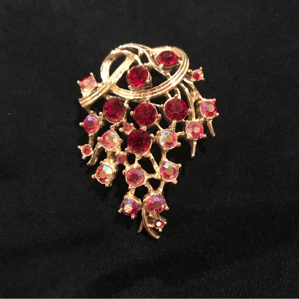 Vintage Brooch—Gold Tone, Red Aurora Borealis Rhinestones—Maximalist Chic